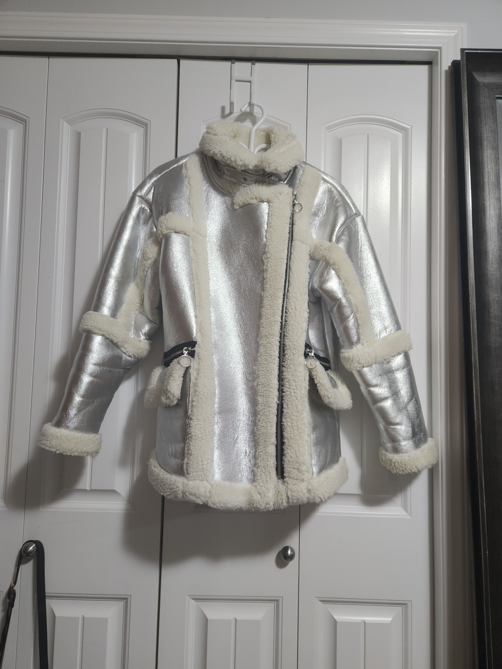 Steve Madden Silver Metallic Faux-Shearling Aviator Jacket with Cream Trim  ,S